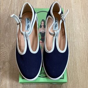 Navy Blue and White Lulu Hun London Women's May Jane Flat Retro Vintage Shoes